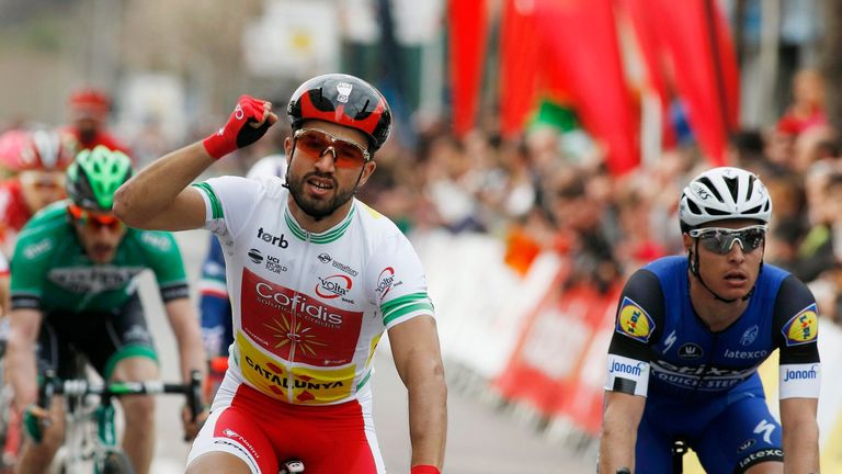 Bouhanni celebrates victory in Stage Two of the Volta