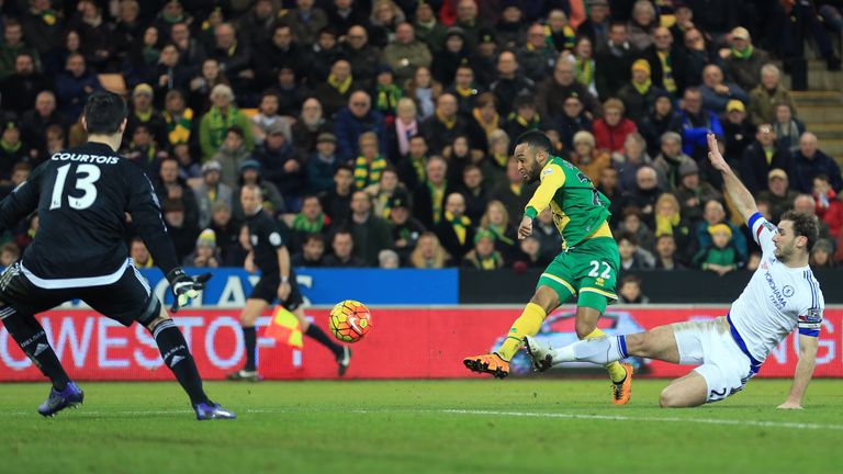 Nathan Redmond pulls a goal back for Norwich against Chelsea