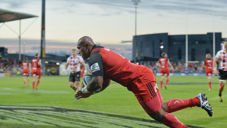 CHRISTCHURCH, NEW ZEALAND - MARCH 19: Nemani Nadolo of the Crusaders dives over to score a try during the round four Super Rugby match between the Crusader