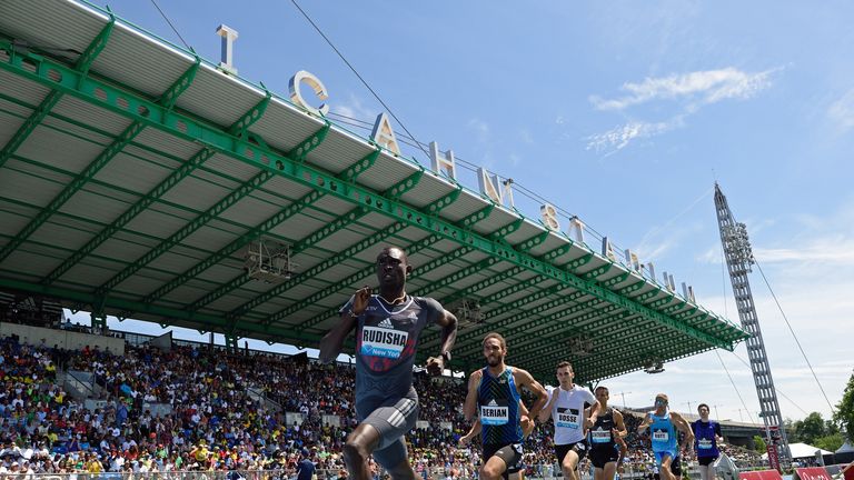 David Rudisha leads the runners in the men's 800 meter during the adidas Grand Prix IAAF Diamond League track and field meet June 13, 2015 in New York. 