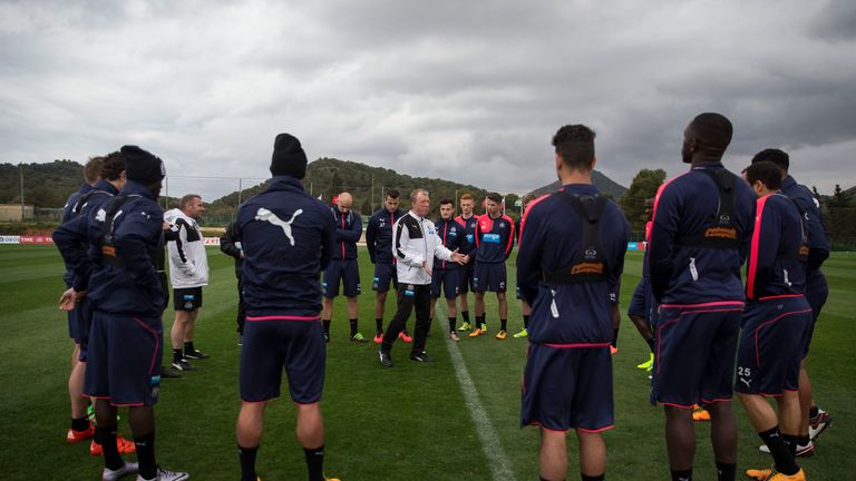 Newcastle United head coach Steve McClaren speaks to the players during a training session in La Manga