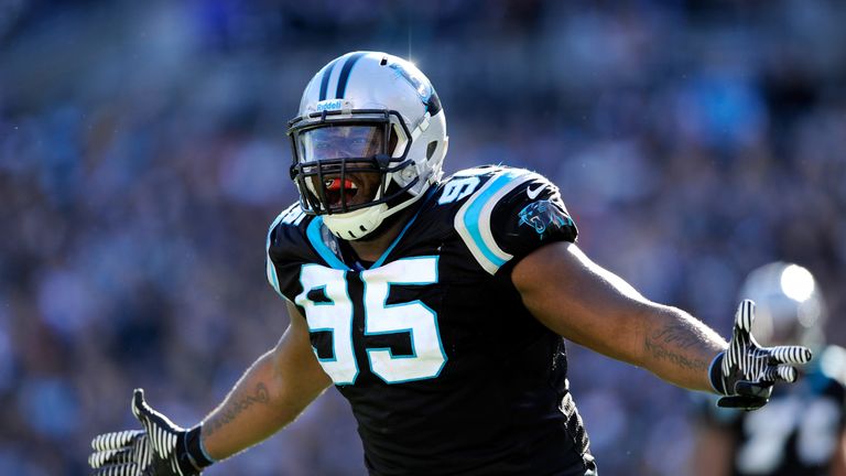 CHARLOTTE, NC - JANUARY 12: Charles Johnson #95 of the Carolina Panthers reacts after a play in the second quarter against the San Francisco 49ers during t