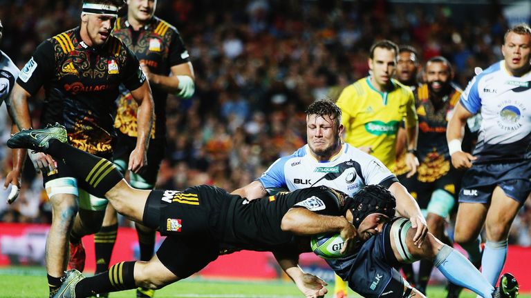 Charlie Ngatai of the Chiefs dives over to score his fourth try against the Western Force 