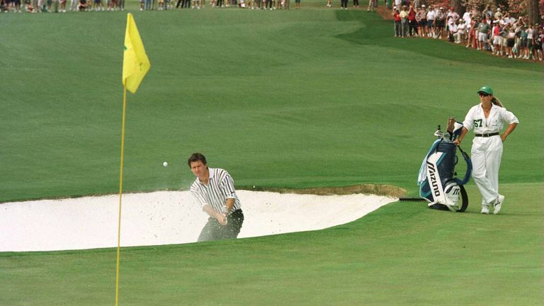 14 Apr 1996:  Nick Faldo of England plays out of the bunker and on to the second green during the final round of the 1996 Masters at Augusta National Golf 