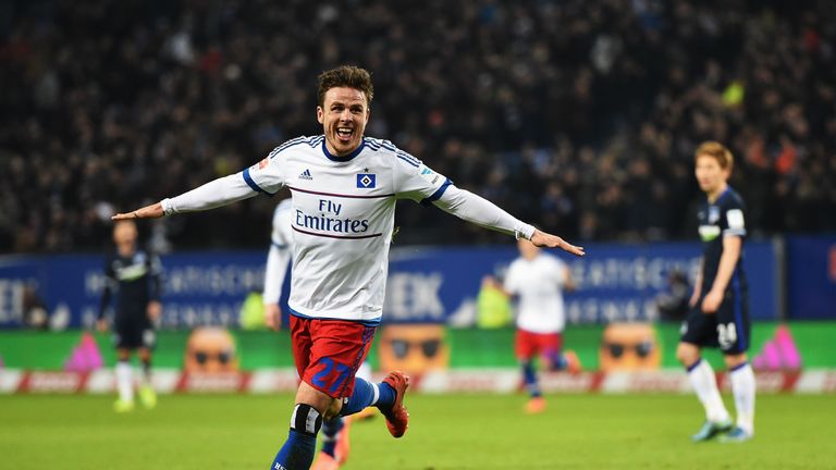 Nicolai Muller celebrates scoring for Hamburg
