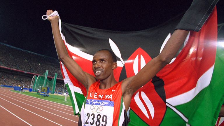 Noah Ngeny of Kenya celebrates gold in the Mens 1500m Final at the Olympic Stadium on Day 14 of the Sydney 2000 Olympic Games in Sydney