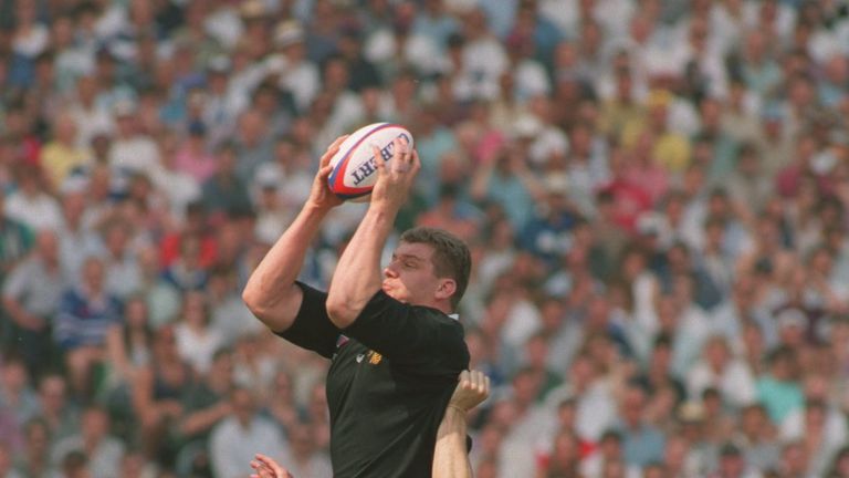 Wasps' Norman Hadley catches the ball at the line-out in 1995