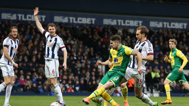 Norwich City's Robbie Brady scores his team's winning goal against West Brom at The Hawthorns