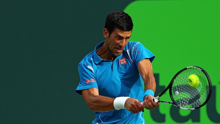 KEY BISCAYNE, FL - MARCH 29:  Novak Djokovic of Serbia plays a match against Dominic Thiem of Austria during Day 9 of the Miami Open presented by Itau at C
