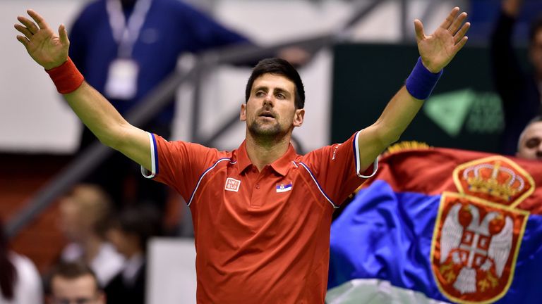 Serbia's tennis player Novak Djokovic reacts after winning against Kazakhstan's tennis player Mikhail Kukushkin 