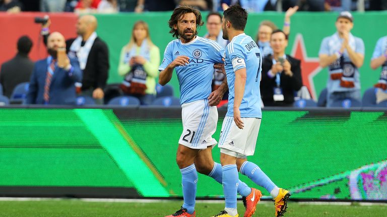 NEW YORK, NY - MARCH 13: David Villa #7 of New York City FC celebrates his first half goal with teamate Andrea Pirlo #21 againd the Toronto FC at Yankee St