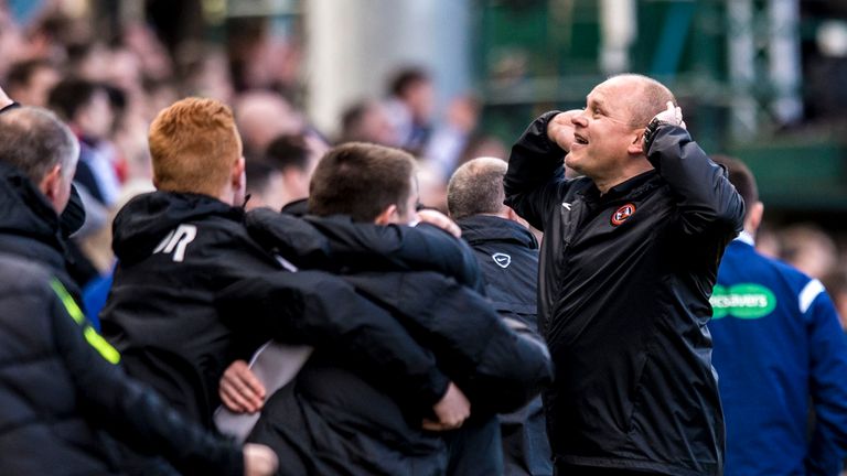 Dundee United manager Mixu Paatelainen celebrates after his side equalise in injury time