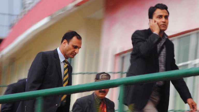 Members of a Pakistani security team arrive at an Indian cricket stadium in Dharamsala to conduct a security assessment 