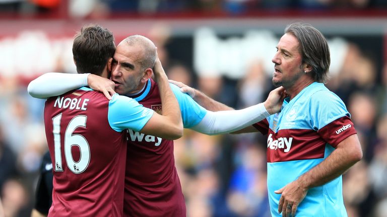 West Ham United's Mark Noble with Paolo Di Canio and West Ham United All Stars' Ian Bishop 
