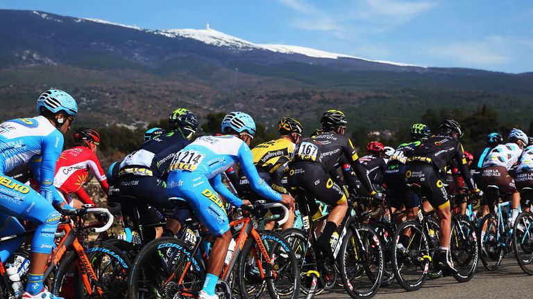 The peloton rides towards Mont Ventoux on stage five of the 2016 Paris-Nice from Saint-Paul-Trois-Chateaux