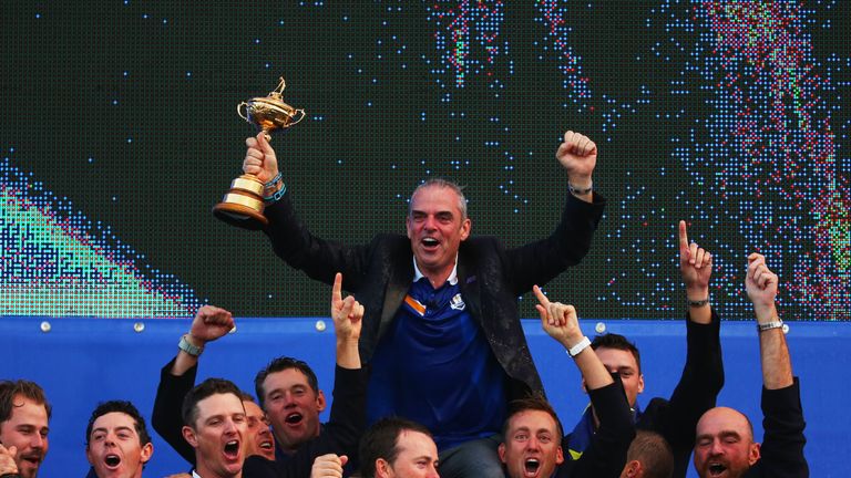 AUCHTERARDER, SCOTLAND - SEPTEMBER 28:  Europe team captain Paul McGinley celebrates winning the Ryder Cup with his team after the Singles Matches of the 2