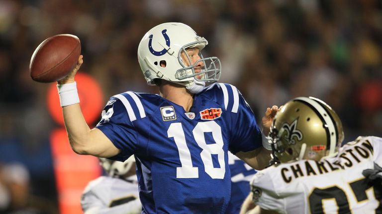 Peyton Manning #18 of the Indianapolis Colts looks to pass against the New Orleans Saints during Super Bowl XLIV on Februa