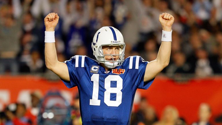 Peyton Manning #18 of the Indianapolis Colts celebrates after a touchdown in the third quarter against the New Orleans Sa
