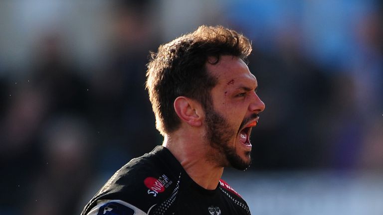 Phil Dollman of Exeter Chiefs celebrates his sides second try during the Aviva Premiership match between Exeter Chiefs and Newcastle Falcons