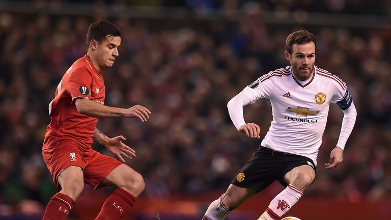 Philippe Coutinho, Juan Mata, Liverpool v Manchester United, Europa League