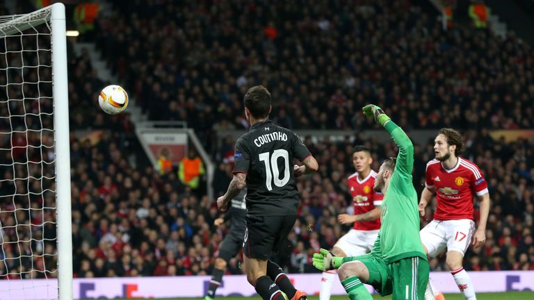 Liverpool's Philippe Coutinho scores his side's first goal of the game during the UEFA Europa League match at Old Trafford