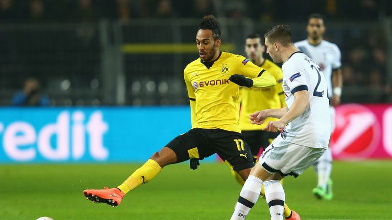 Pierre-Emerick Aubameyang of Borussia Dortmund is challenged by Kevin Wimmer of Tottenham Hotspur during the UEFA Europa League Round of 16 first leg match