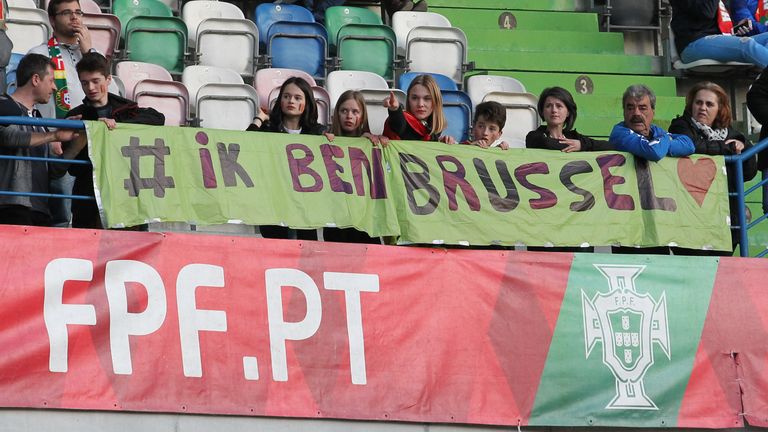 LEIRIA, PORTUGAL - MARCH 29:  Message to the Bruxelles victims during the match between Portugal and BelgiumFriendly International at  Estadio Municipal de