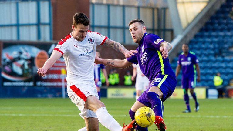 Goalscorers for both sides, Raith's Lewis Toshney (left) challenges Anthony Stokes
