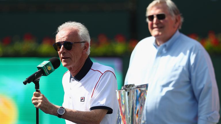 INDIAN WELLS, CA - MARCH 20:  Indian Wells CEO Raymond Moore talks to the crowd during day fourteen of the BNP Paribas Open at Indian Wells Tennis Garden o