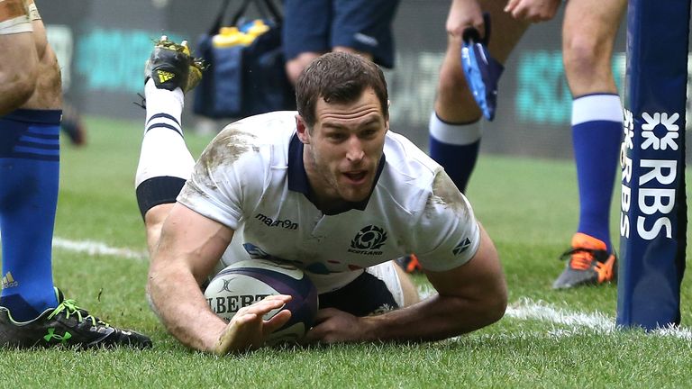 EDINBURGH, SCOTLAND - MARCH 13:  Tim Visser of Scotland dives over in the corner, for a second half try during the RBS Six Nations match between Scotland a