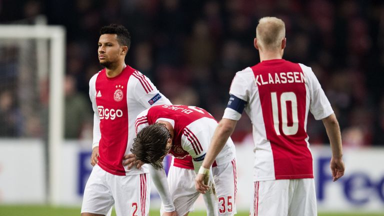 (L-R) Ajax's Ricardo van Rhijn, Mitchell Dijks and Davy Klaassen react after a 1-1 draw in the UEFA Europa League with Molde FK
