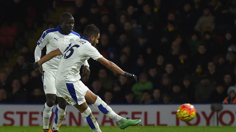 Riyad Mahrez of Leicester City scores