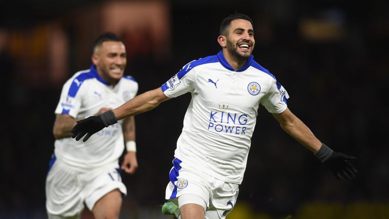 Riyad Mahrez celebrates scoring Leicester's opener at Watford