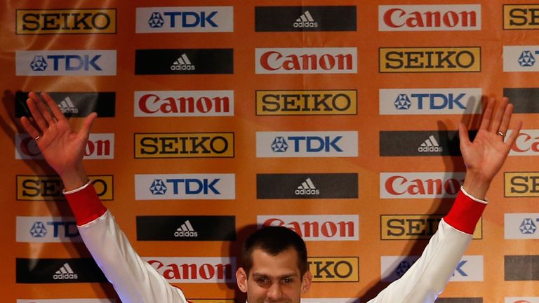 Robbie Grabarz of Great Britain celebrates after winning a silver medal in the high jump at the IAAF World Indoor Championships in Portland