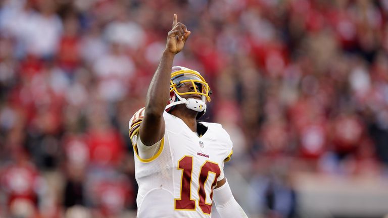 Robert Griffin III #10 of the Washington Redskins celebrates after a touchdown in the first half against the San Francisco 4