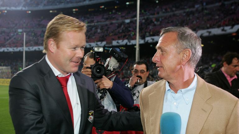 BARCELONA, SPAIN - APRIL 05:  Ronald Koeman, Coach of Benfica with Dutch football legend Johann Cruyff before UEFA Champions League Quarter Final second le