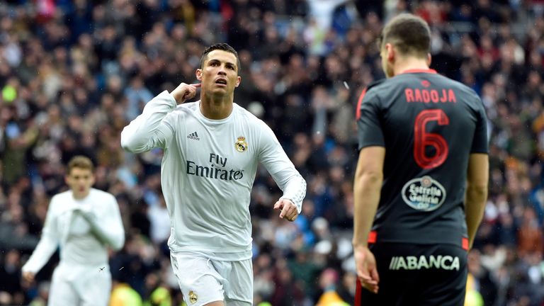 Cristiano Ronaldo gestures as he celebrates a goal
