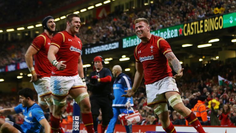 Ross Moriarty of Wales celebrates after scoring his team's seventh try