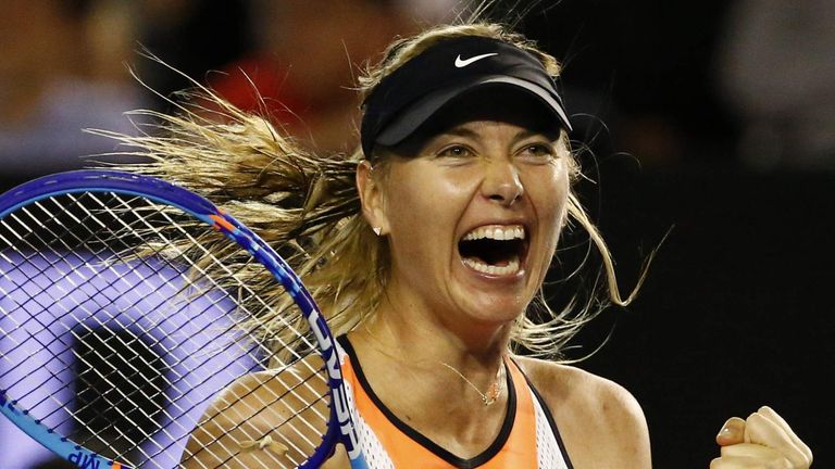 Russia's Sharapova celebrates after winning her fourth round match against Switzerland's Bencic at the Australian Open tennis tournament at Melbourne Park