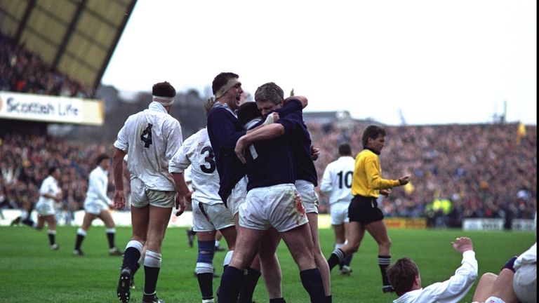 Chris Gray, David Sole and Finlay Calder of Scotland celebrate during the 1990 Five Nations win over England