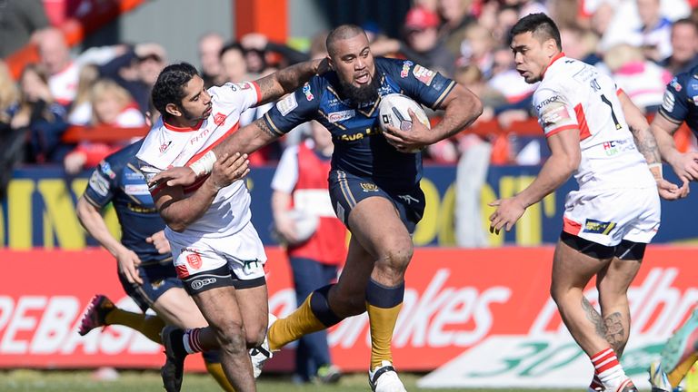 Hull FC's Frank Pritchard fends off Hull KR's Albert Kelly