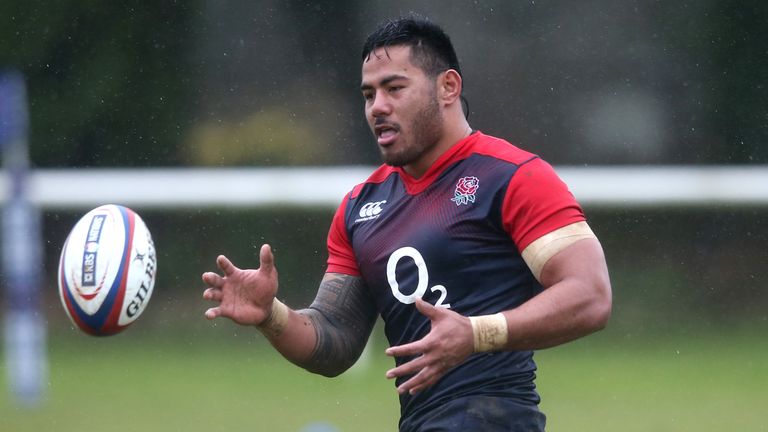 Leicester Tigers centre Manu Tuilagi catches the ball during the England training session