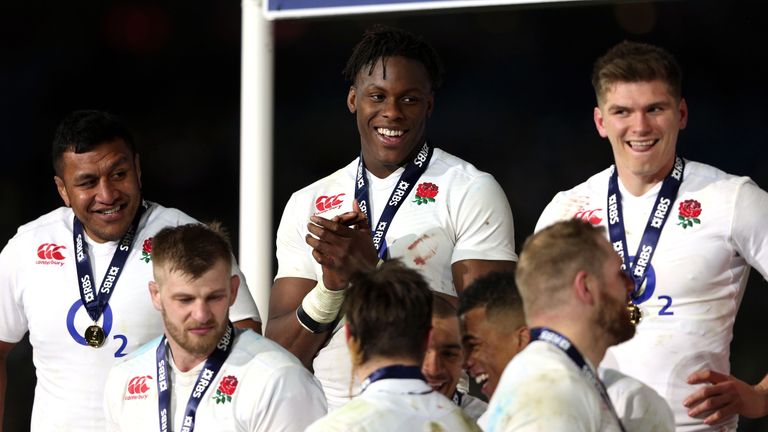 England's Mako Vunipola, Owen Farrell and Maro Itoje celebrate after their Six Nations win over France