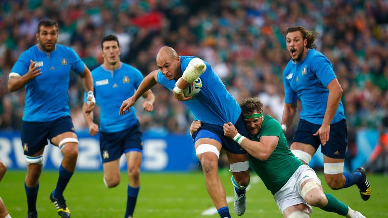 Sergio Parisse of Italy is tackled by Jamie Heaslip of Ireland during the 2015 Rugby World Cup