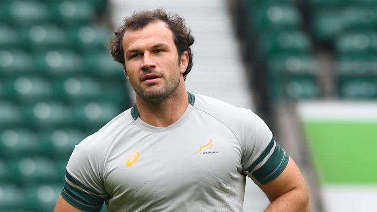 LONDON, ENGLAND - OCTOBER 16: Bismarck du Plessis during the South African national rugby team Captains Run and media conference at Twickenham Stadium on O