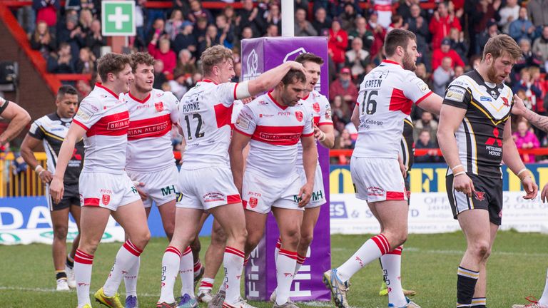 Hull KR's Graeme celebrates his try against Salford.