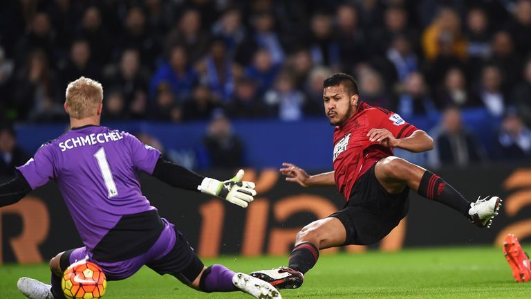Salomon Rondon slips the ball under Leicester goalkeeper Kasper Schmeichel to put West Brom 1-0 up