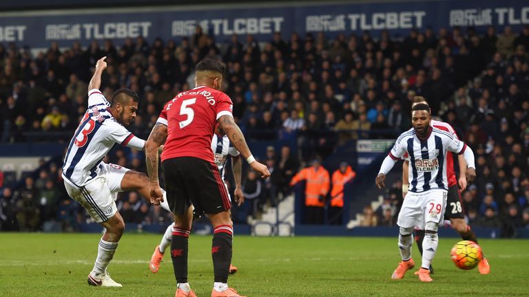 Salomon Rondon scores the opening goal during the Premier League match between West Brom and Manchester United