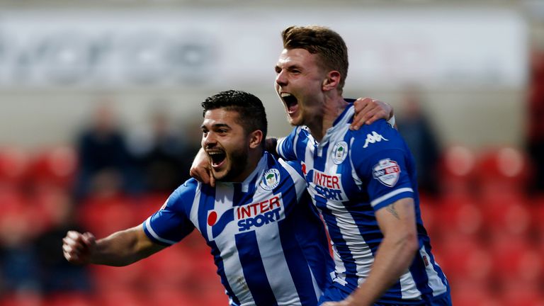 Wigan duo Sam Morsy and Max Power celebrate