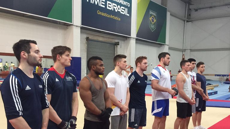 Sam Oldham (centre left) joins his team-mates at the Rio national centre